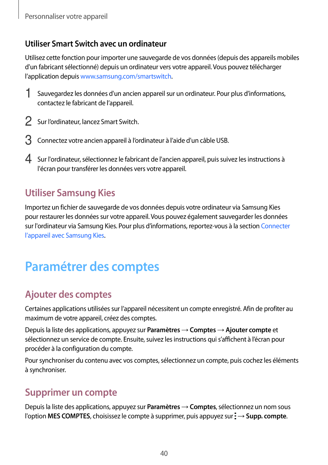 Samsung SM-T113NYKAXEF manual Paramétrer des comptes, Utiliser Samsung Kies, Ajouter des comptes, Supprimer un compte 