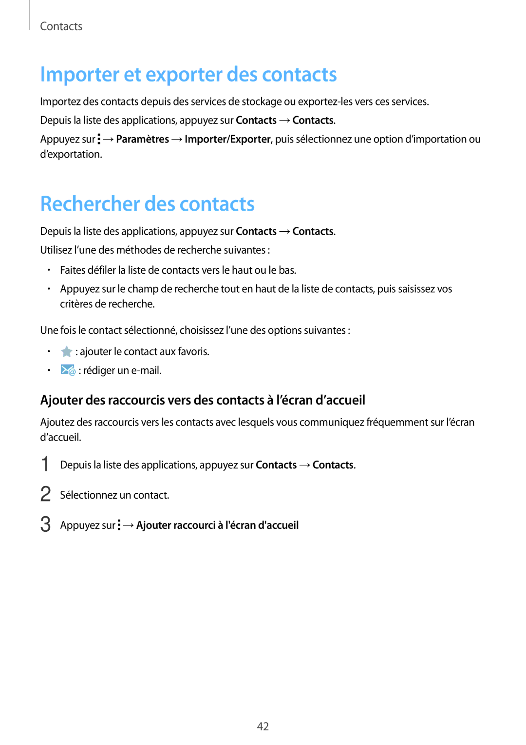 Samsung SM-T113NYKAXEF, SM-T113NDWAXEF manual Importer et exporter des contacts, Rechercher des contacts 