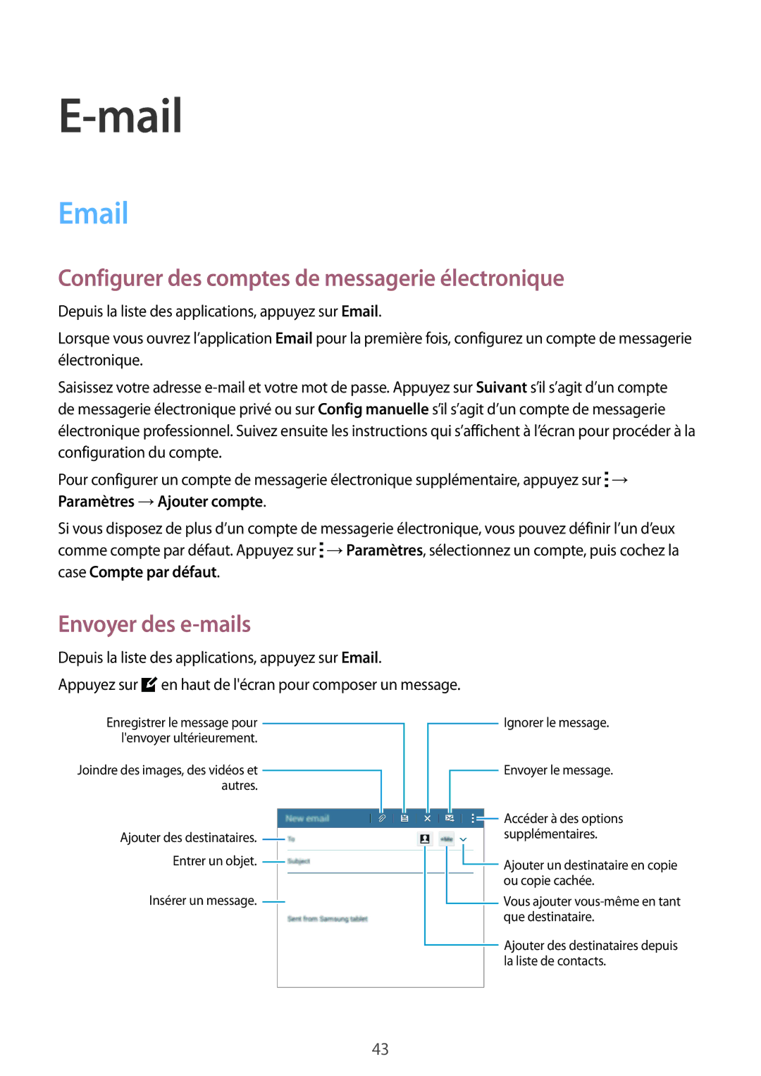 Samsung SM-T113NDWAXEF, SM-T113NYKAXEF manual Mail, Configurer des comptes de messagerie électronique, Envoyer des e-mails 