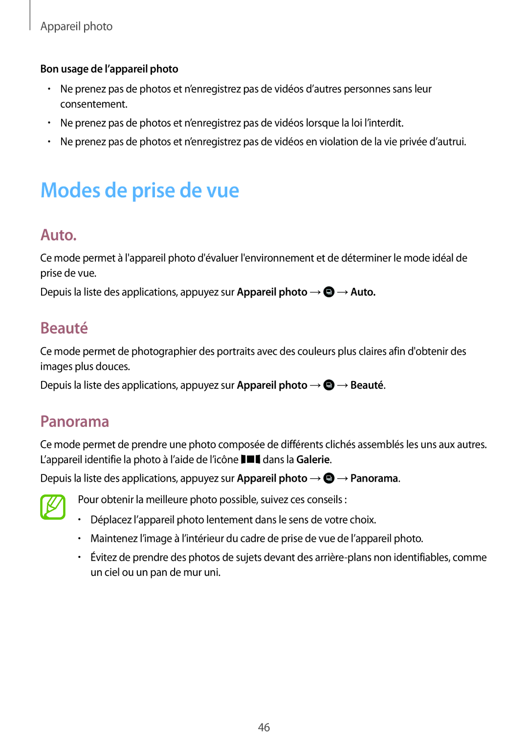 Samsung SM-T113NYKAXEF, SM-T113NDWAXEF manual Modes de prise de vue, Auto, Beauté, Panorama 