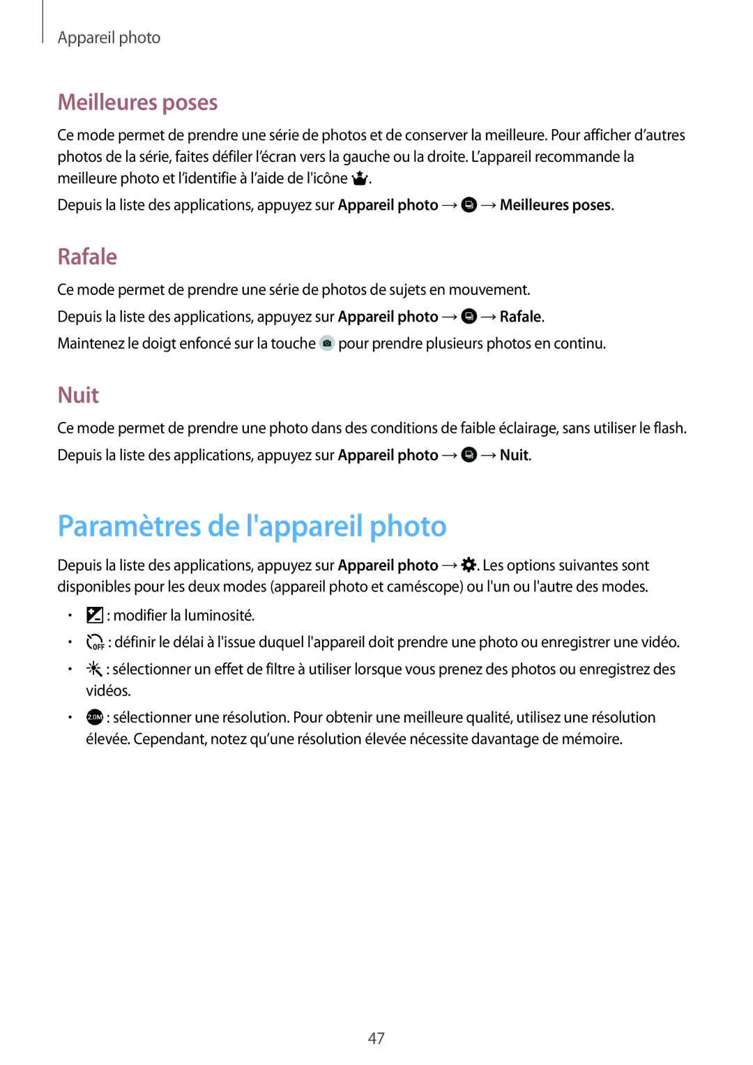 Samsung SM-T113NDWAXEF, SM-T113NYKAXEF manual Paramètres de lappareil photo, Meilleures poses, Rafale, Nuit 