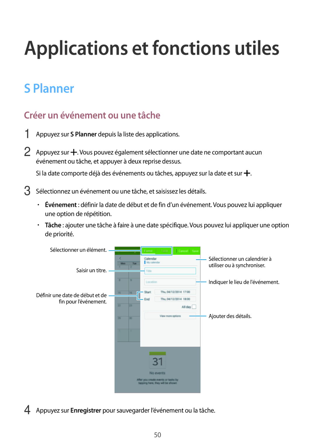 Samsung SM-T113NYKAXEF, SM-T113NDWAXEF manual Planner, Créer un événement ou une tâche 