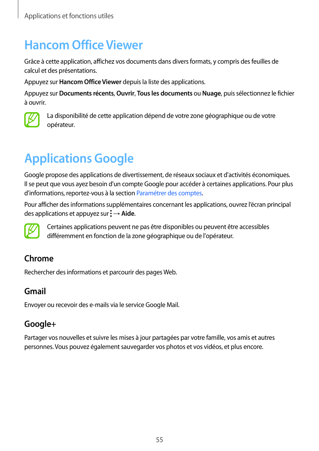 Samsung SM-T113NDWAXEF, SM-T113NYKAXEF manual Hancom Office Viewer, Applications Google 