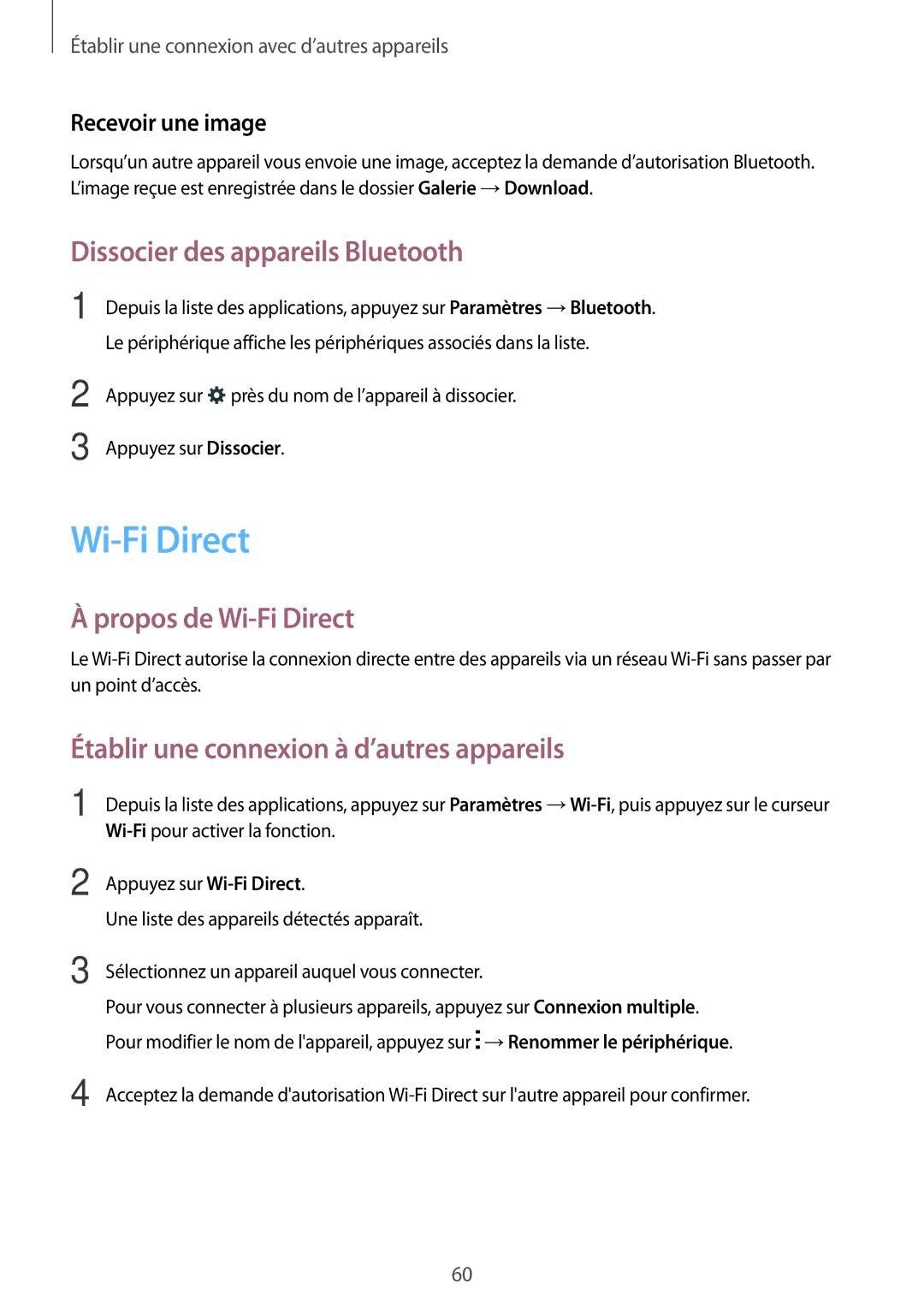 Samsung SM-T113NYKAXEF, SM-T113NDWAXEF Dissocier des appareils Bluetooth, Propos de Wi-Fi Direct, Recevoir une image 