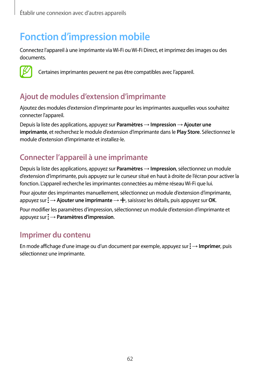 Samsung SM-T113NYKAXEF manual Fonction d’impression mobile, Ajout de modules d’extension d’imprimante, Imprimer du contenu 