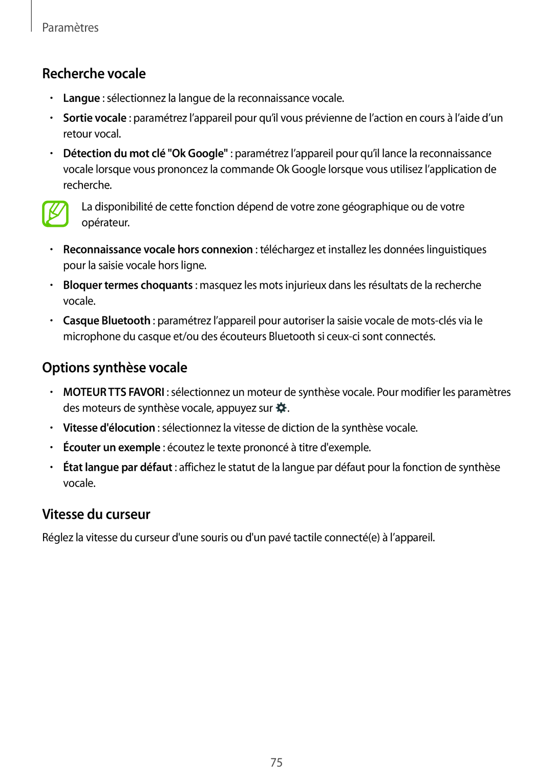 Samsung SM-T113NDWAXEF, SM-T113NYKAXEF manual Recherche vocale, Options synthèse vocale, Vitesse du curseur 