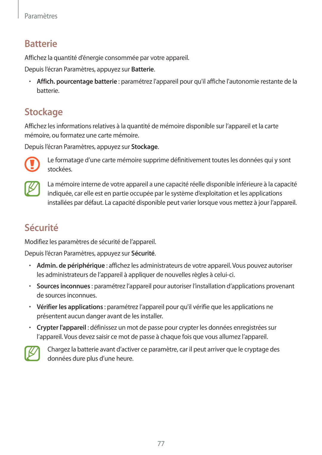 Samsung SM-T113NDWAXEF, SM-T113NYKAXEF manual Batterie, Stockage, Sécurité 