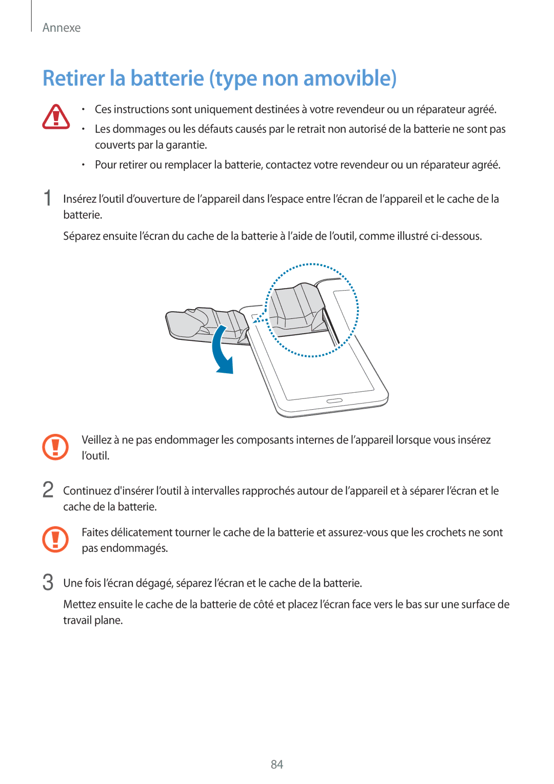 Samsung SM-T113NYKAXEF, SM-T113NDWAXEF manual Retirer la batterie type non amovible 