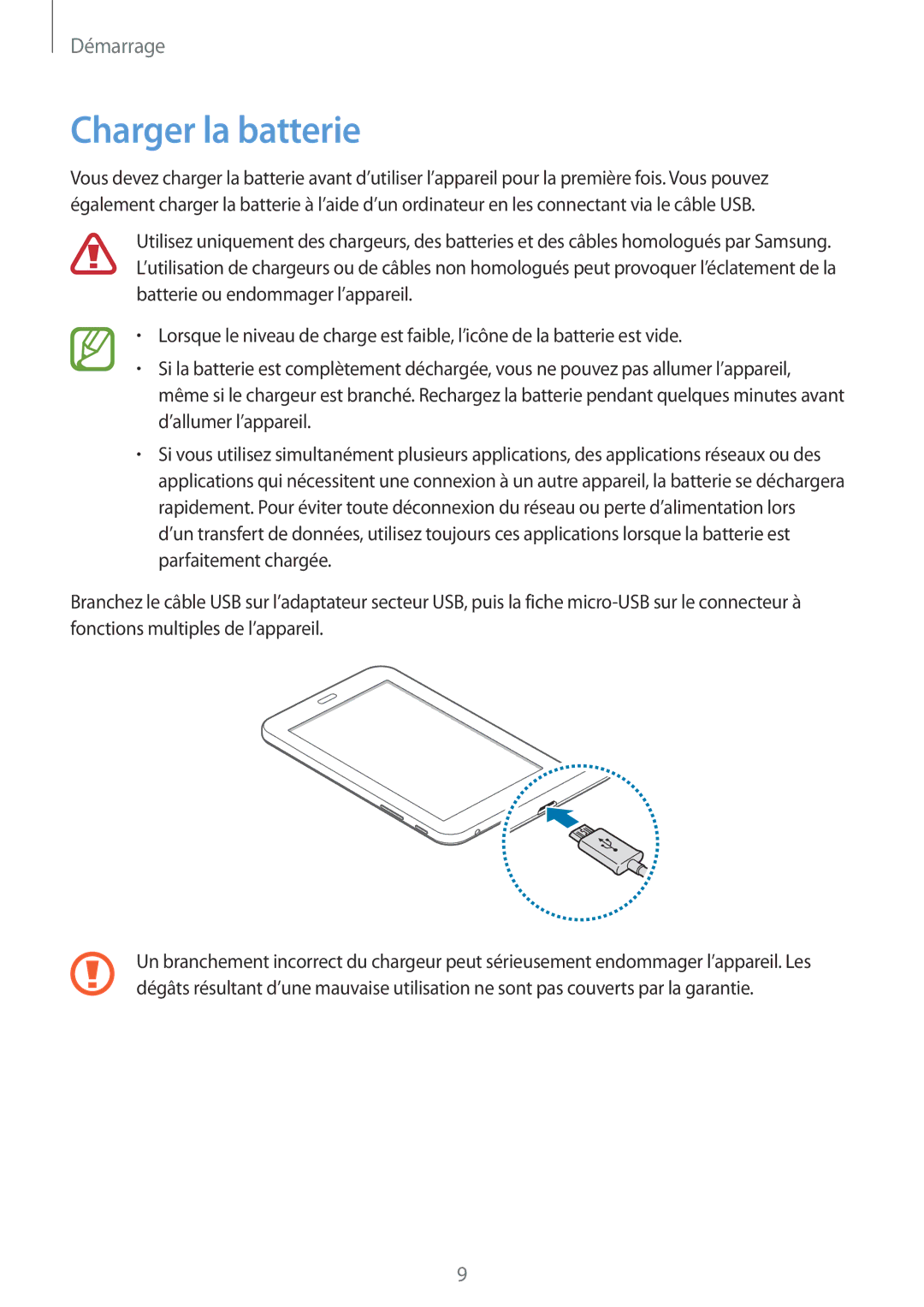 Samsung SM-T113NDWAXEF, SM-T113NYKAXEF manual Charger la batterie 