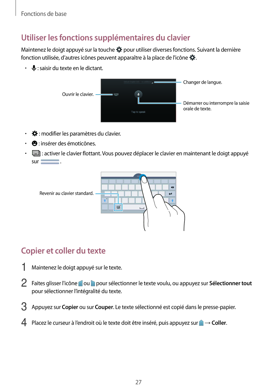 Samsung SM-T113NDWAXEF, SM-T113NYKAXEF manual Utiliser les fonctions supplémentaires du clavier, Copier et coller du texte 