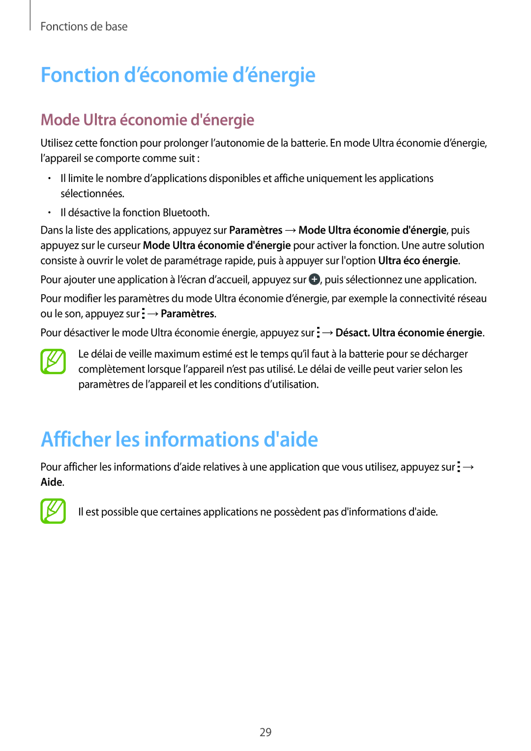 Samsung SM-T113NDWAXEF manual Fonction d’économie d’énergie, Afficher les informations daide, Mode Ultra économie dénergie 