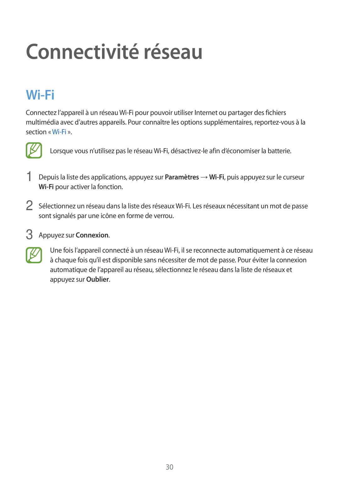 Samsung SM-T113NYKAXEF, SM-T113NDWAXEF manual Connectivité réseau, Wi-Fi 