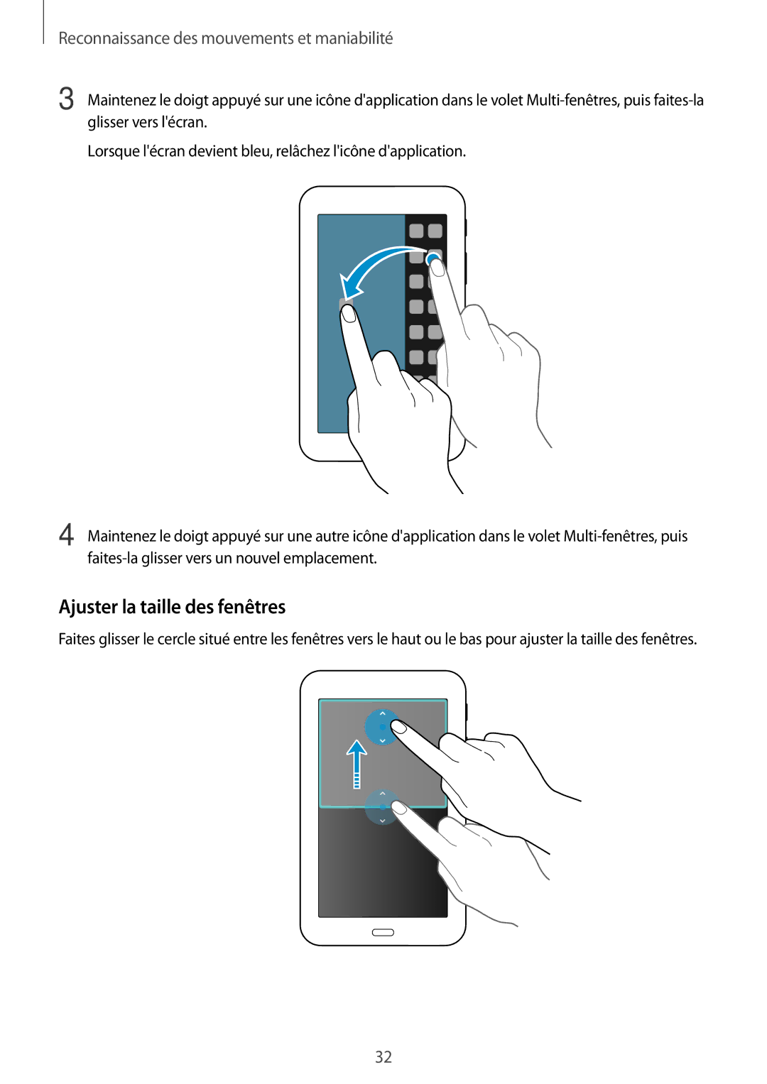 Samsung SM-T113NYKAXEF, SM-T113NDWAXEF manual Ajuster la taille des fenêtres, Reconnaissance des mouvements et maniabilité 