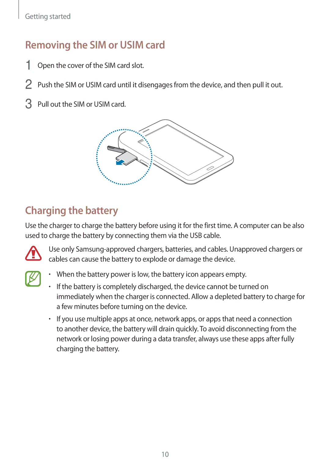 Samsung SM-T116NDWAXEH, SM-T116NDWADBT, SM-T116NDWAEUR, SM-T116NYKADBT Removing the SIM or Usim card, Charging the battery 