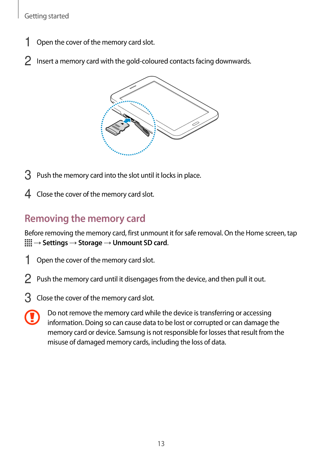 Samsung SM-T116NDWAXSK, SM-T116NDWADBT, SM-T116NDWAEUR manual Removing the memory card, →Settings →Storage →Unmount SD card 