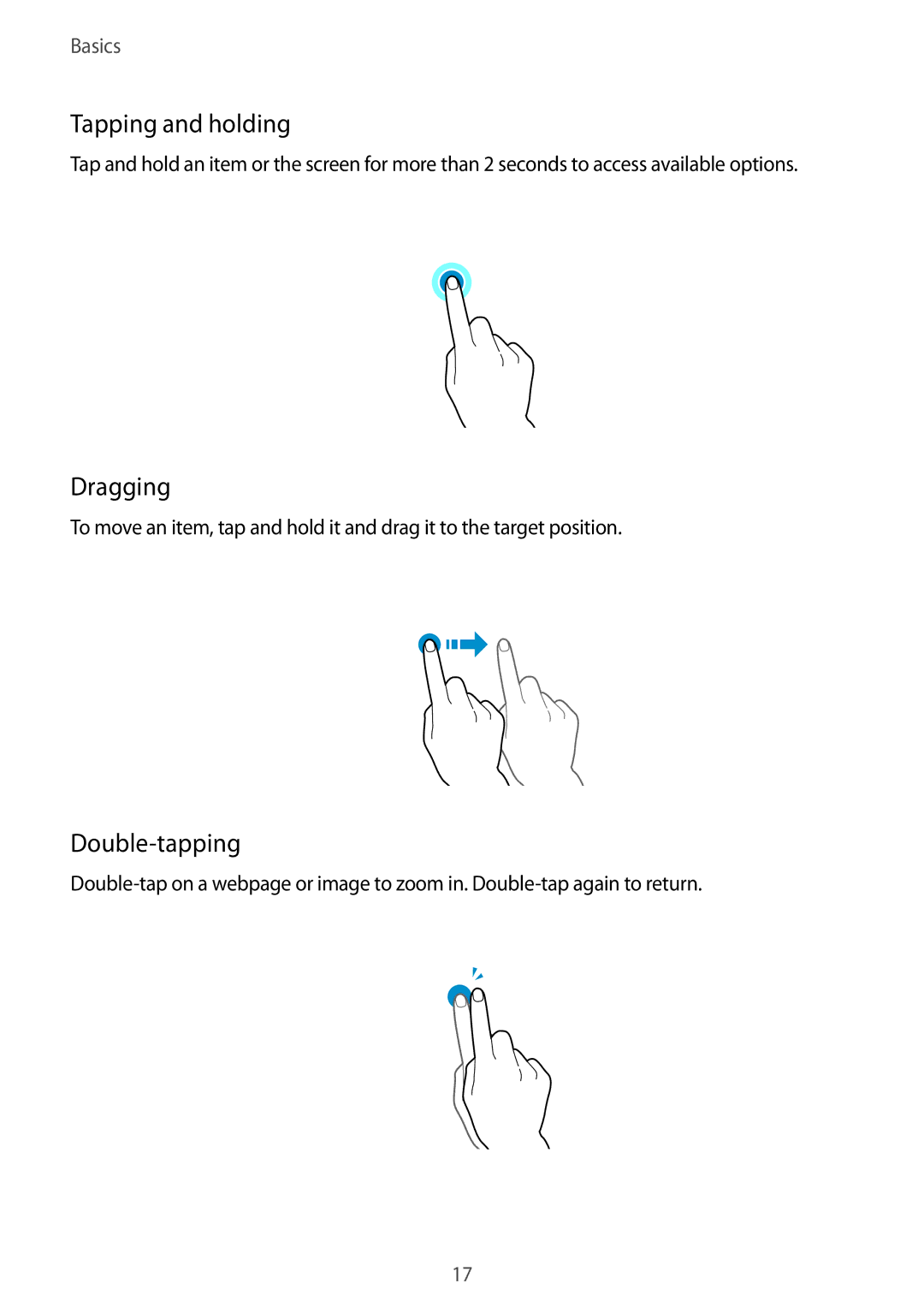 Samsung SM-T116NDWASEB, SM-T116NDWADBT, SM-T116NDWAEUR, SM-T116NYKADBT manual Tapping and holding, Dragging, Double-tapping 