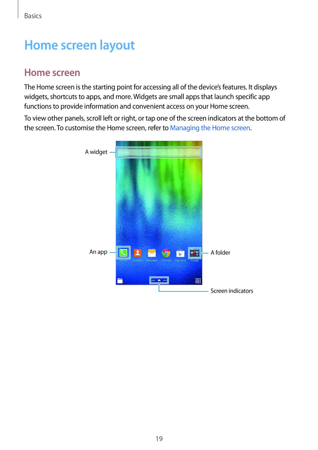 Samsung SM-T116NYKASER, SM-T116NDWADBT, SM-T116NDWAEUR, SM-T116NYKADBT, SM-T116NYKAATO, SM-T116NDWAATO manual Home screen layout 