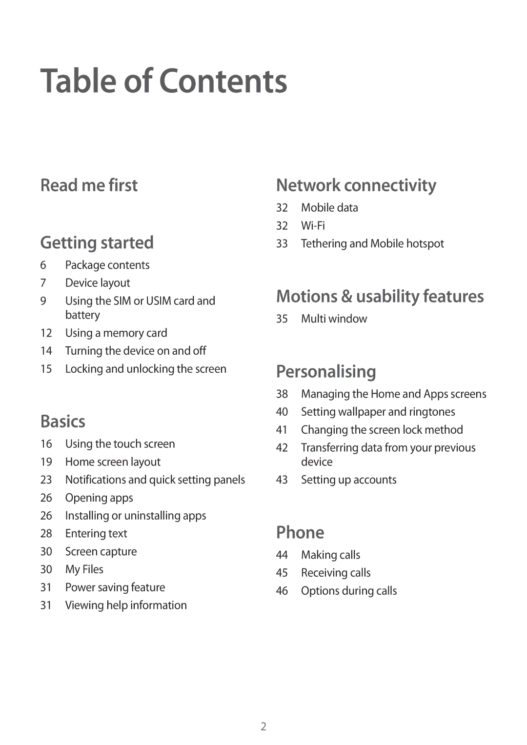 Samsung SM-T116NYKADBT, SM-T116NDWADBT, SM-T116NDWAEUR, SM-T116NYKAATO, SM-T116NDWAATO, SM-T116NYKAEUR manual Table of Contents 