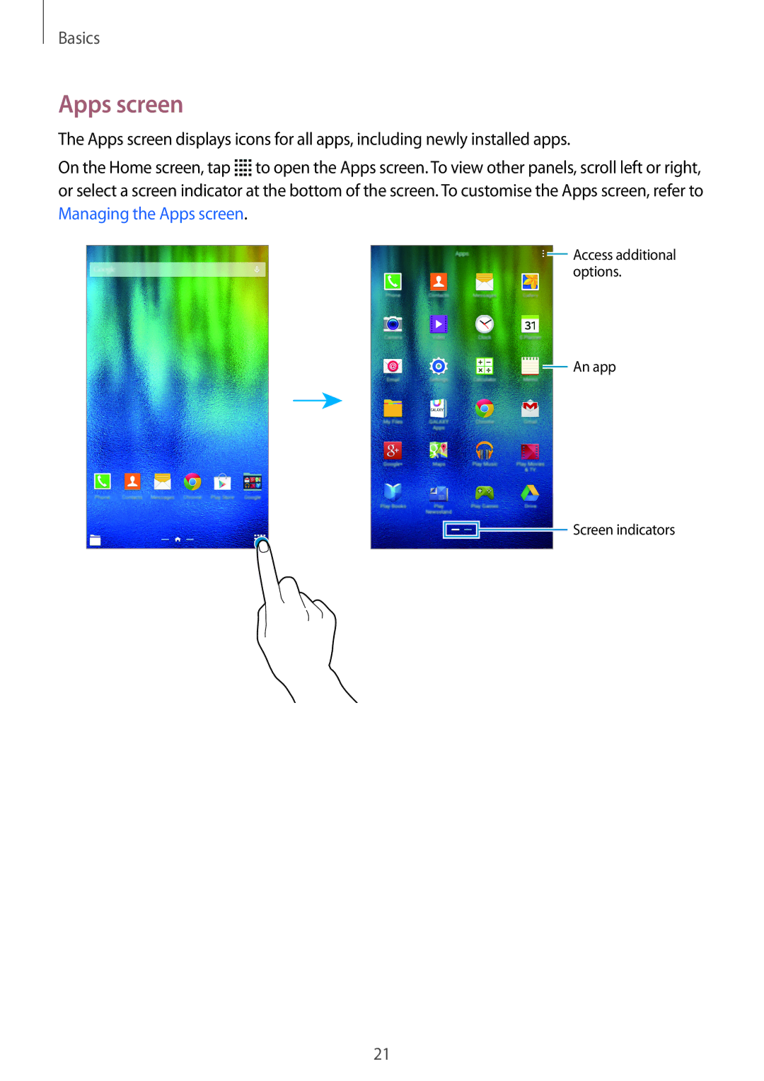 Samsung SM-T116NDWADBT, SM-T116NDWAEUR, SM-T116NYKADBT, SM-T116NYKAATO, SM-T116NDWAATO, SM-T116NYKAEUR manual Apps screen 