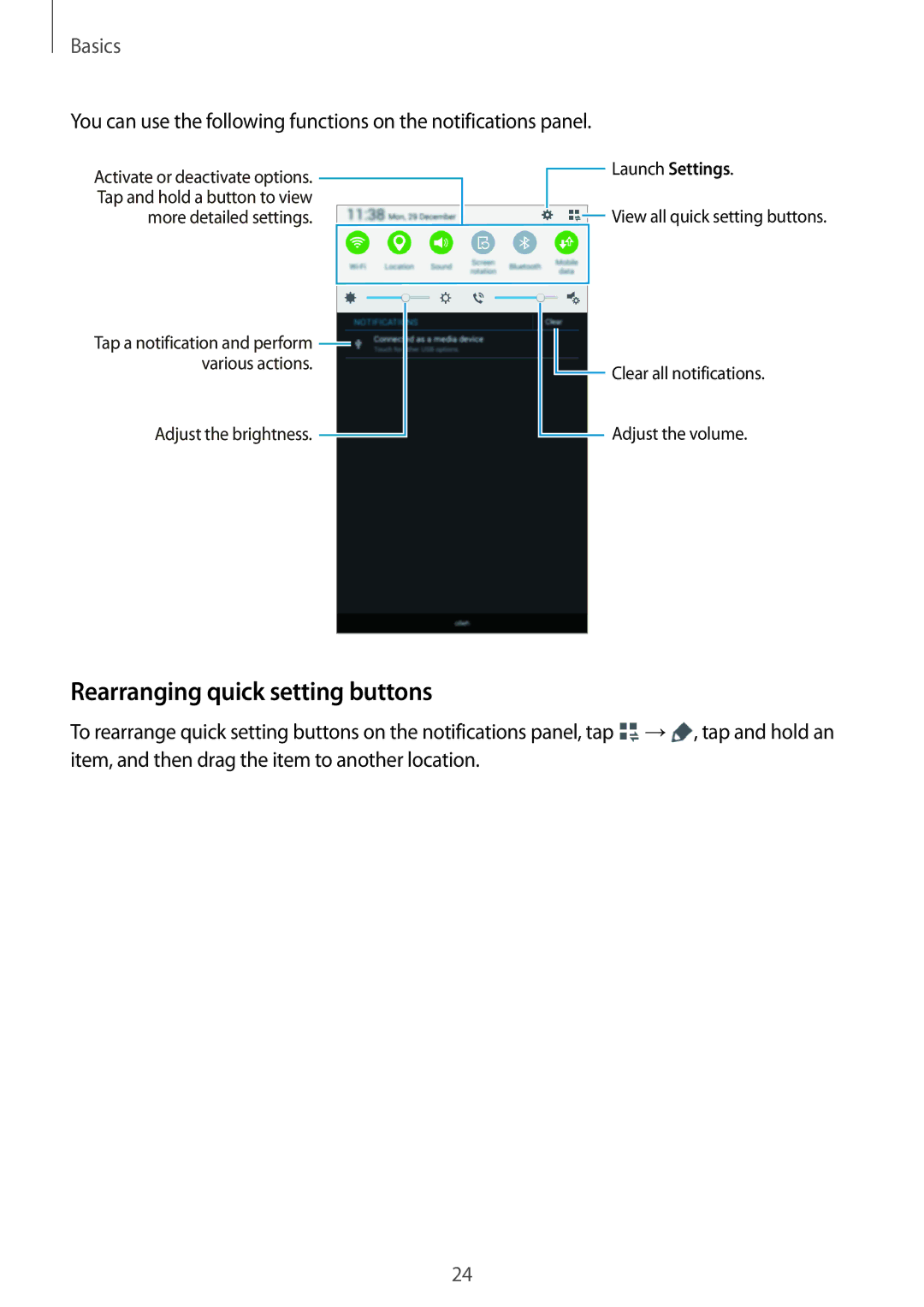 Samsung SM-T116NYKAATO, SM-T116NDWADBT, SM-T116NDWAEUR, SM-T116NYKADBT, SM-T116NDWAATO manual Rearranging quick setting buttons 