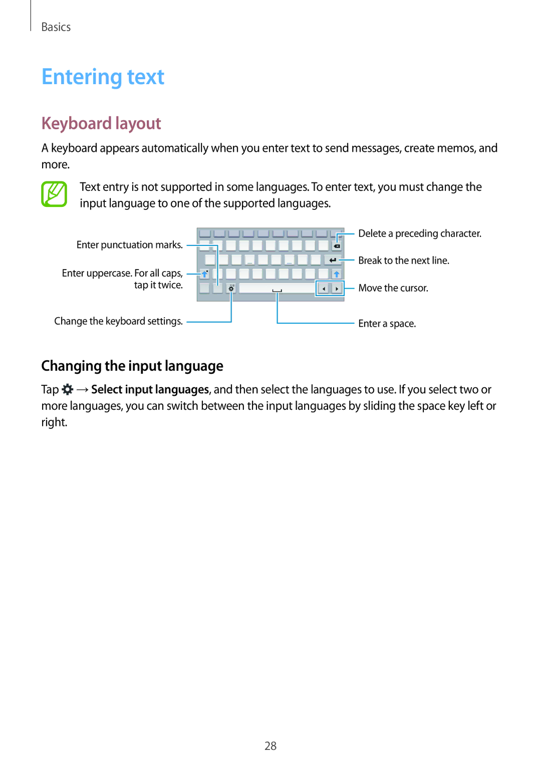 Samsung SM-T116NDWAITV, SM-T116NDWADBT, SM-T116NDWAEUR manual Entering text, Keyboard layout, Changing the input language 