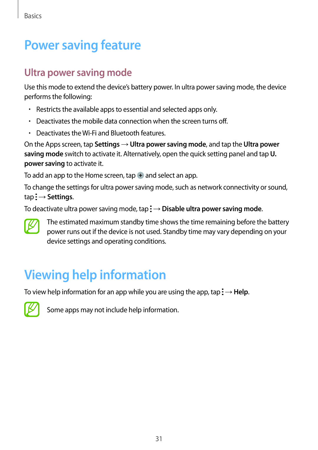 Samsung SM-T116NDWAXEH, SM-T116NDWADBT manual Power saving feature, Viewing help information, Ultra power saving mode 