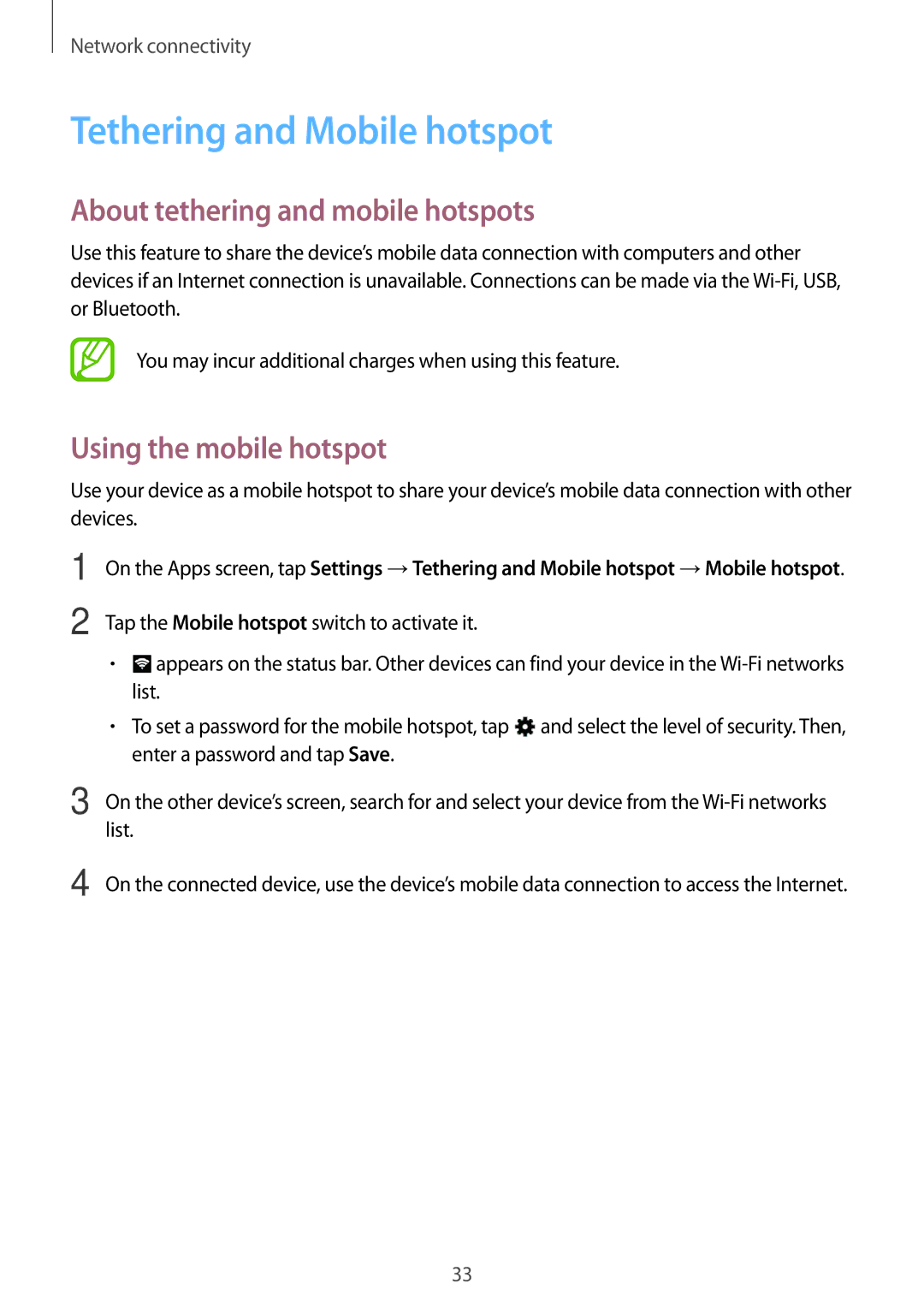 Samsung SM-T116NYKAXEH manual Tethering and Mobile hotspot, About tethering and mobile hotspots, Using the mobile hotspot 