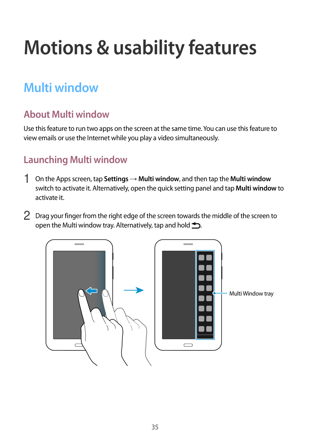 Samsung SM-T116NYKANEE, SM-T116NDWADBT manual Motions & usability features, About Multi window, Launching Multi window 