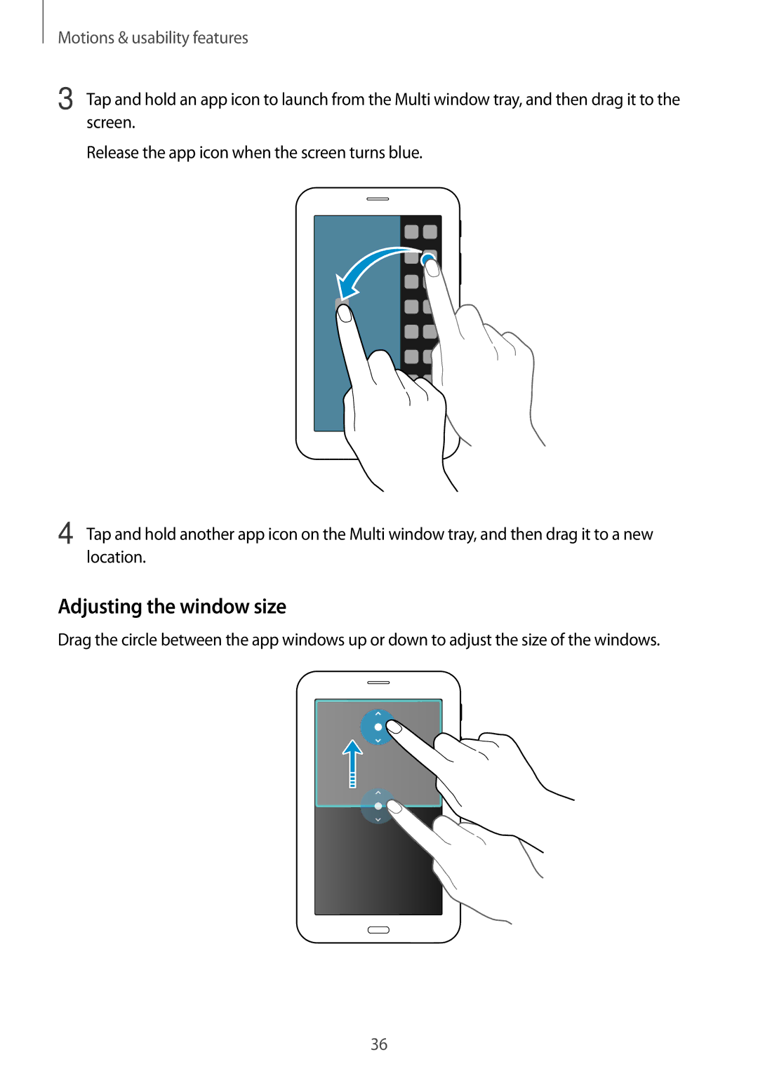 Samsung SM-T116NDWANEE, SM-T116NDWADBT, SM-T116NDWAEUR manual Adjusting the window size, Motions & usability features 