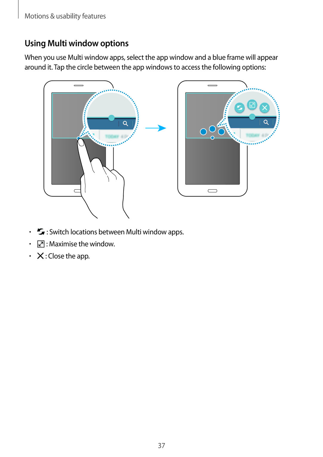 Samsung SM-T116NYKASEB, SM-T116NDWADBT, SM-T116NDWAEUR, SM-T116NYKADBT, SM-T116NYKAATO manual Using Multi window options 