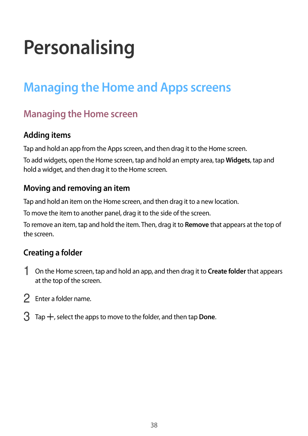 Samsung SM-T116NDWASEB, SM-T116NDWADBT manual Personalising, Managing the Home and Apps screens, Managing the Home screen 