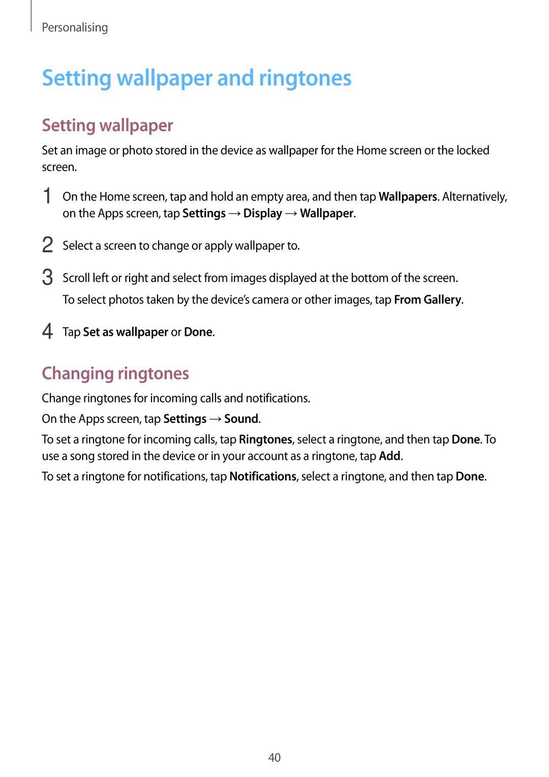 Samsung SM-T116NYKASER, SM-T116NDWADBT Setting wallpaper and ringtones, Changing ringtones, Tap Set as wallpaper or Done 