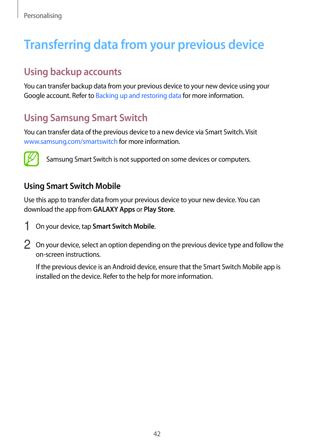 Samsung SM-T116NDWADBT Transferring data from your previous device, Using backup accounts, Using Samsung Smart Switch 