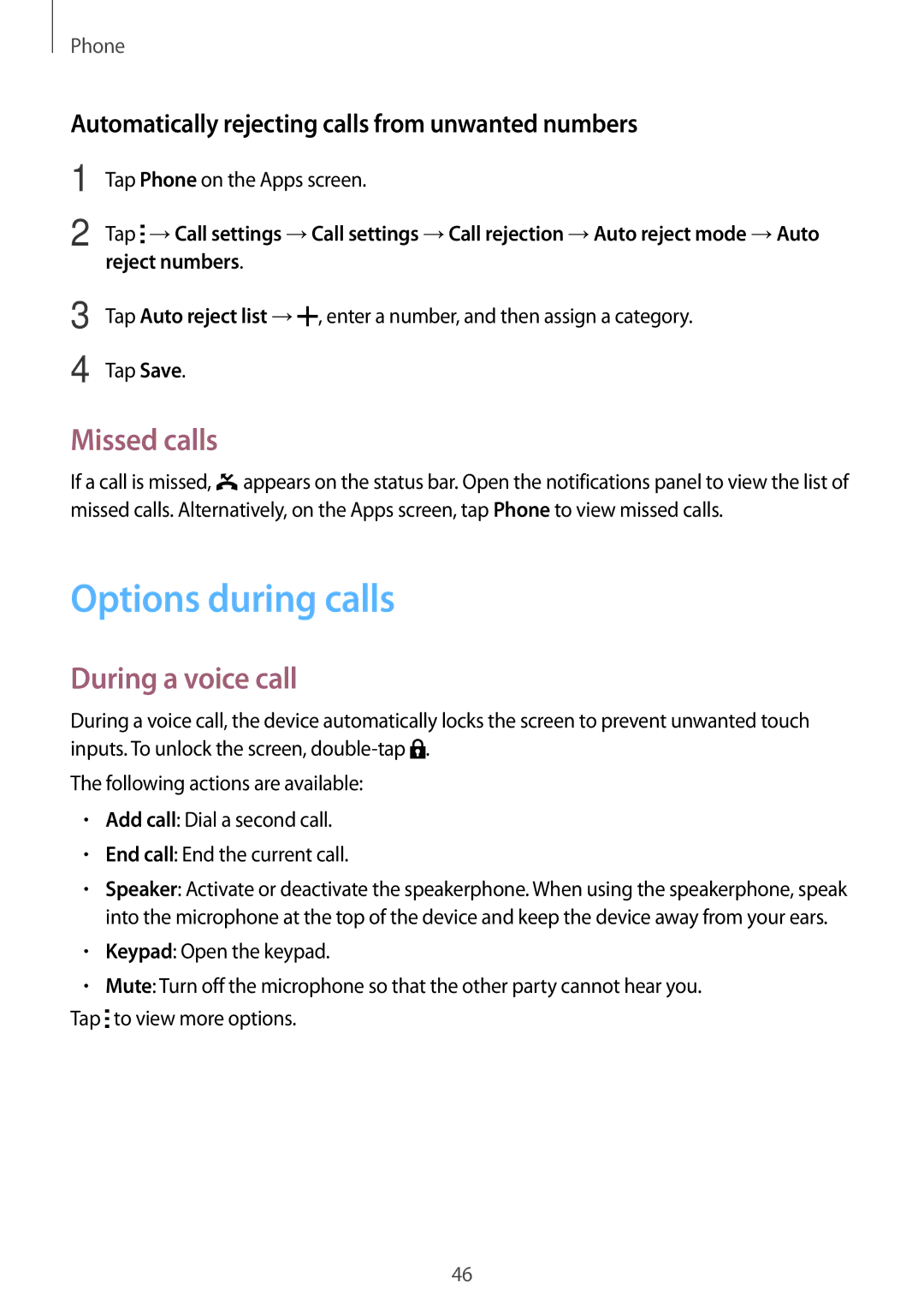 Samsung SM-T116NDWAATO, SM-T116NDWADBT manual Options during calls, Missed calls, During a voice call, Reject numbers 