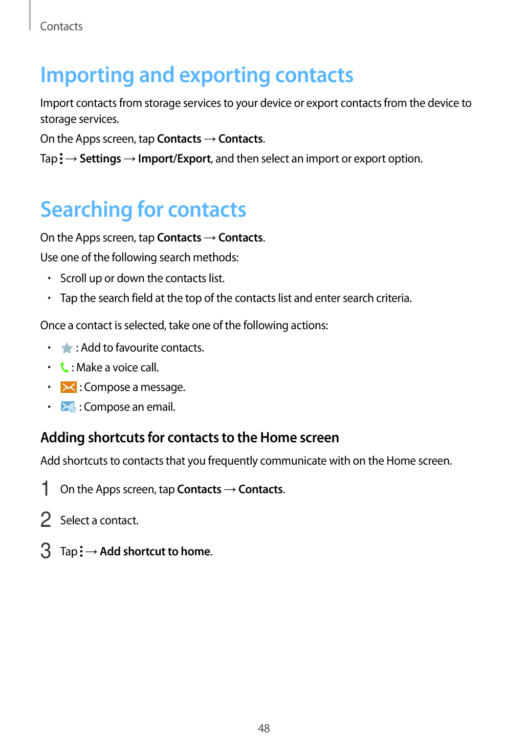 Samsung SM-T116NYKAXEF, SM-T116NDWADBT Importing and exporting contacts, Searching for contacts, Tap →Add shortcut to home 