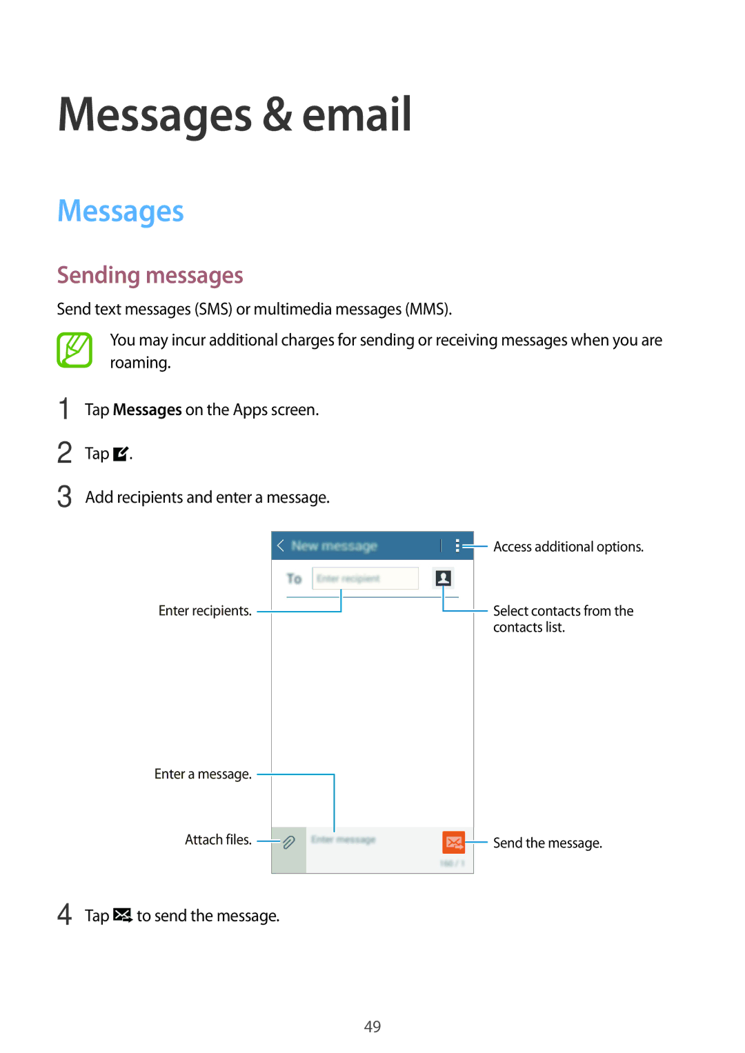 Samsung SM-T116NDWAITV, SM-T116NDWADBT, SM-T116NDWAEUR, SM-T116NYKADBT manual Messages & email, Sending messages, Tap 