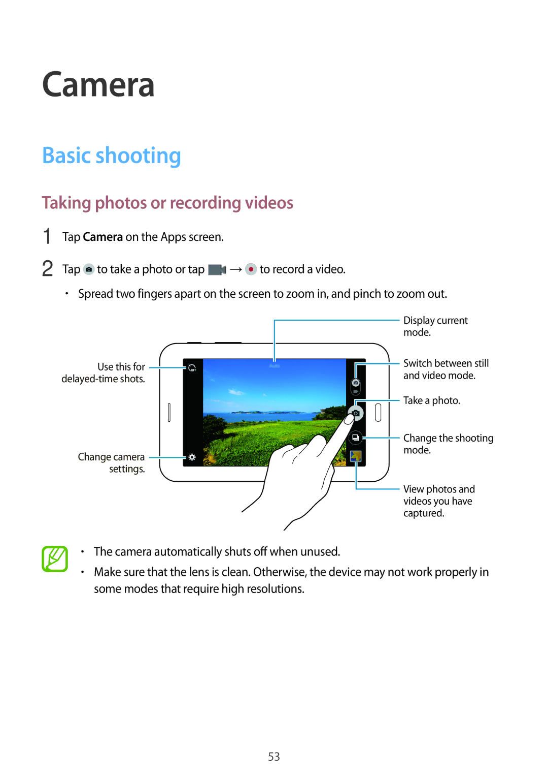 Samsung SM-T116NYKAXSK manual Camera, Basic shooting, Taking photos or recording videos, Tap to take a photo or tap 