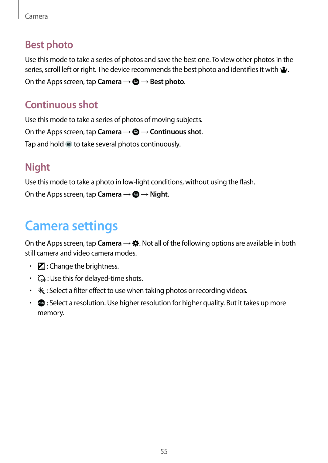 Samsung SM-T116NDWAXSK manual Camera settings, Continuous shot, Night, On the Apps screen, tap Camera → →Best photo 