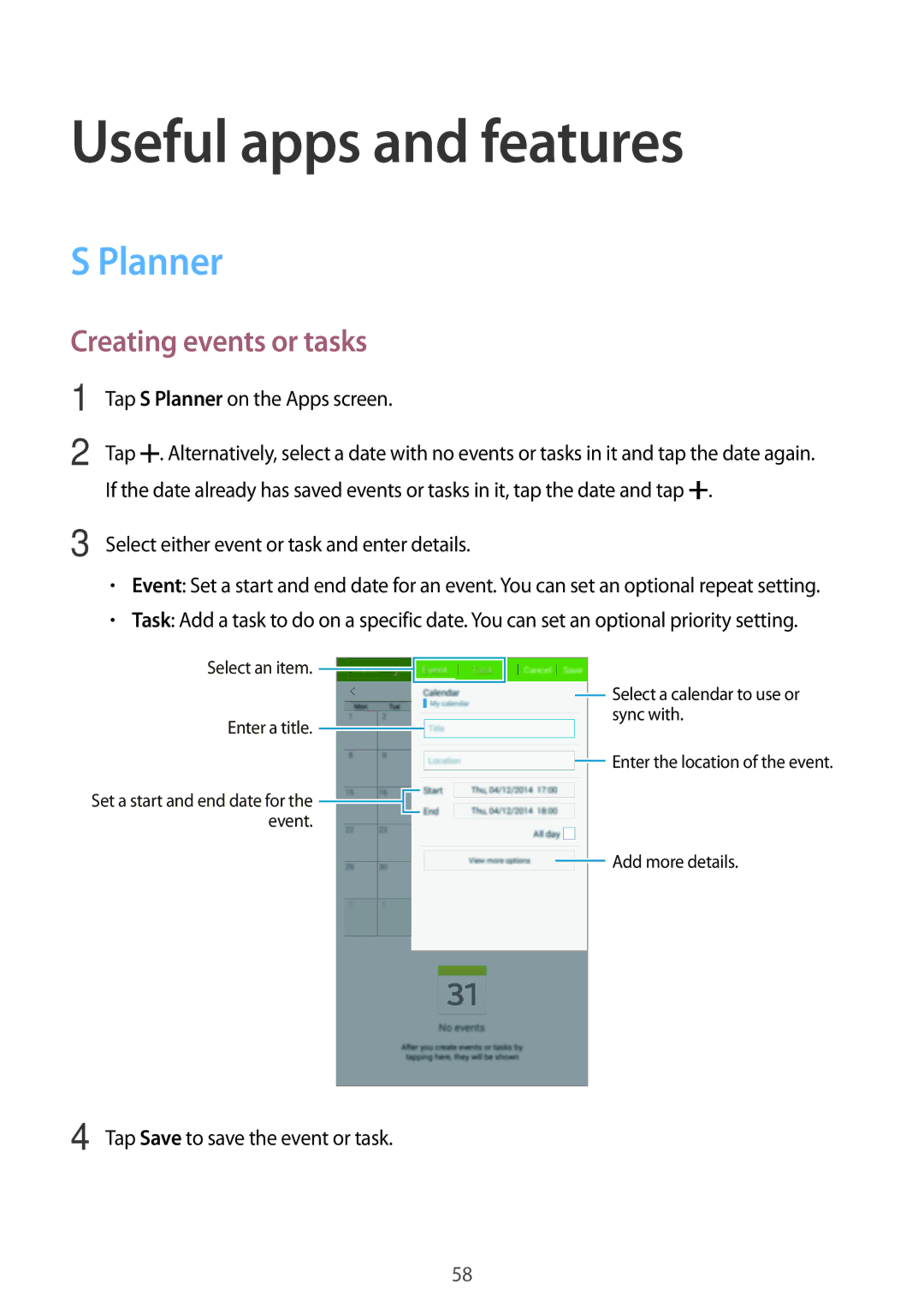 Samsung SM-T116NYKASEB, SM-T116NDWADBT, SM-T116NDWAEUR manual Useful apps and features, Planner, Creating events or tasks 