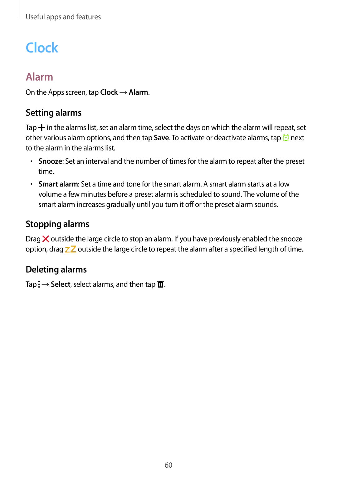 Samsung SM-T116NDWASEK, SM-T116NDWADBT, SM-T116NDWAEUR manual Clock, Alarm, Setting alarms, Stopping alarms, Deleting alarms 