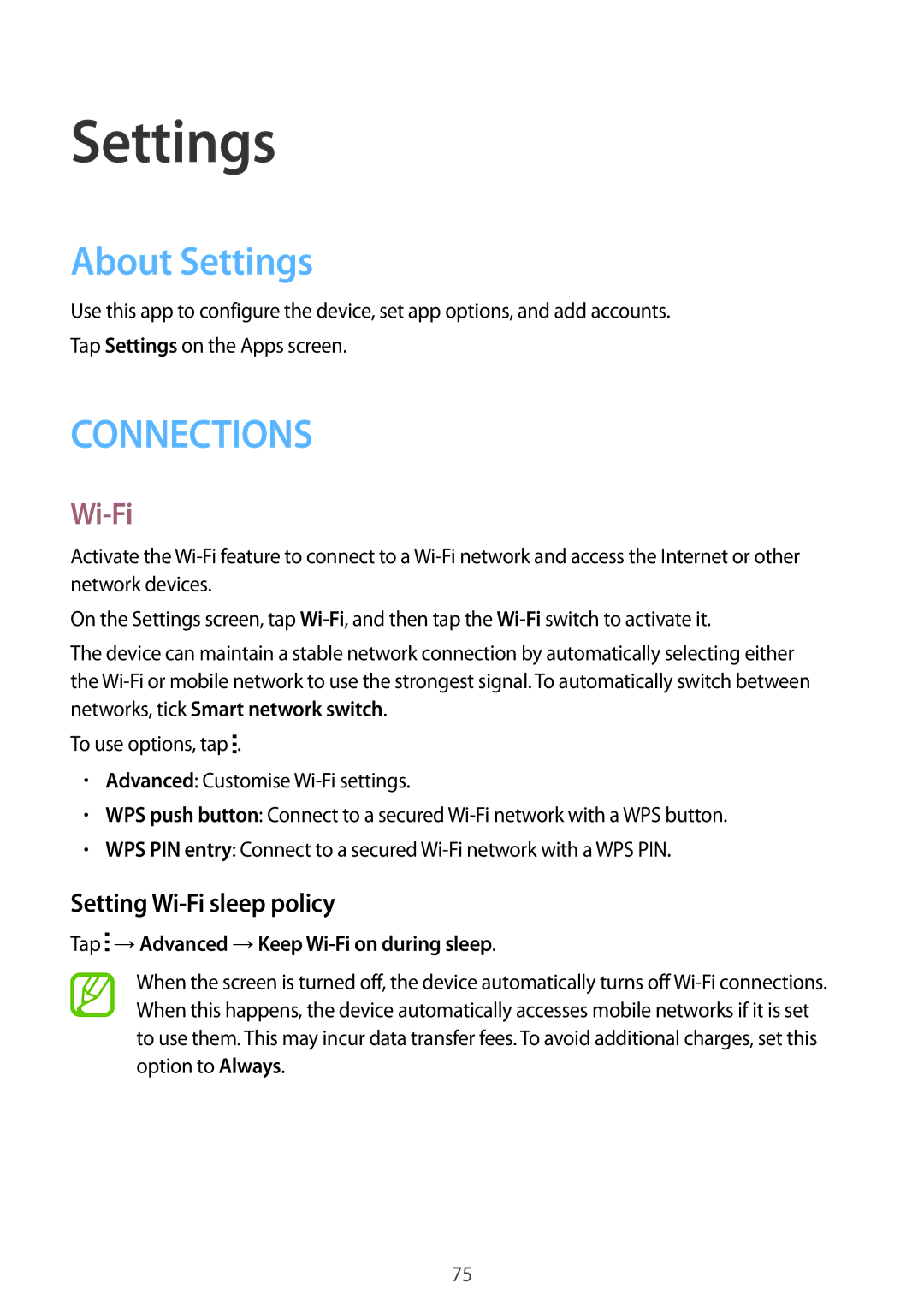 Samsung SM-T116NYKAXEH manual About Settings, Setting Wi-Fi sleep policy, Tap →Advanced →Keep Wi-Fi on during sleep 