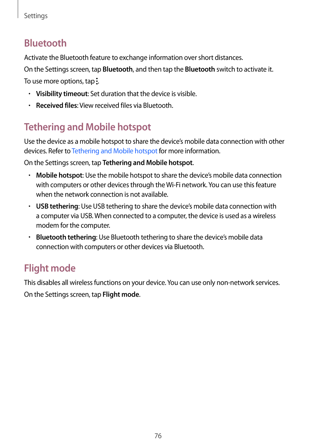 Samsung SM-T116NDWAXSK, SM-T116NDWADBT, SM-T116NDWAEUR, SM-T116NYKADBT Bluetooth, Tethering and Mobile hotspot, Flight mode 