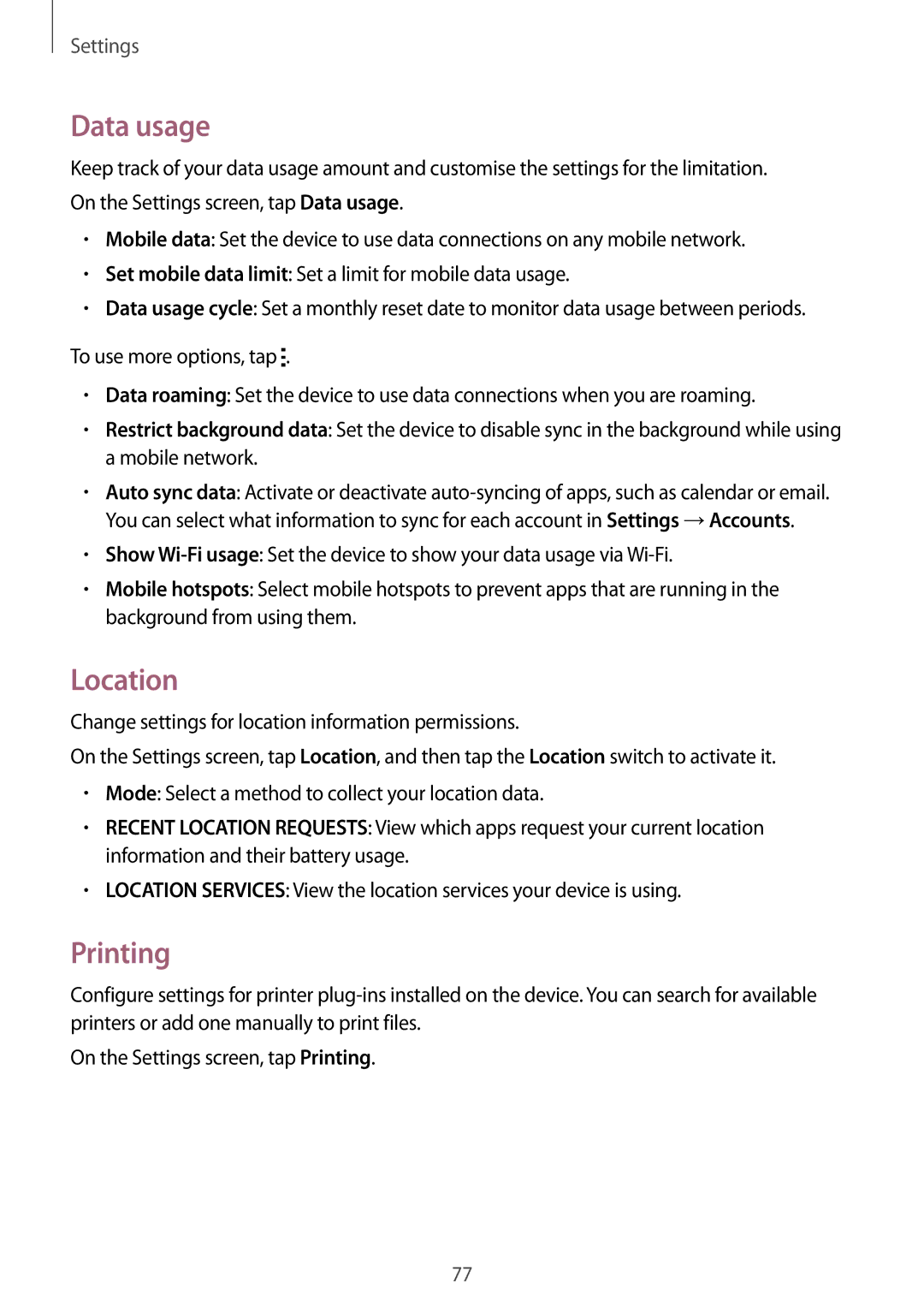 Samsung SM-T116NYKANEE, SM-T116NDWADBT, SM-T116NDWAEUR, SM-T116NYKADBT, SM-T116NYKAATO manual Data usage, Location, Printing 