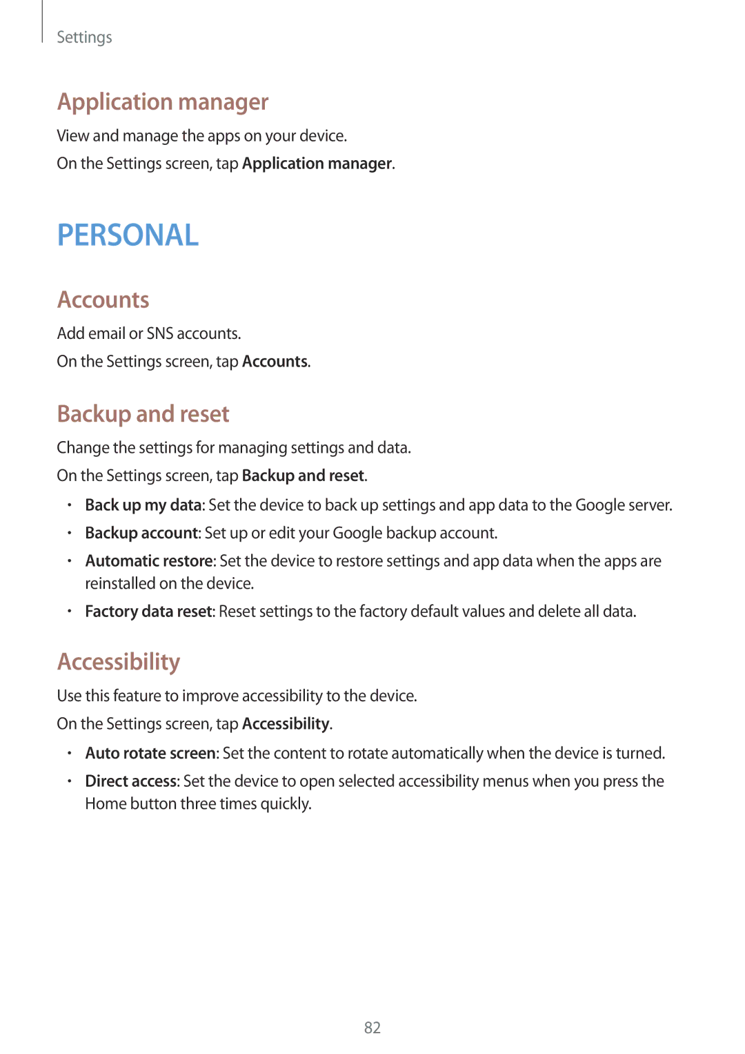 Samsung SM-T116NYKASER, SM-T116NDWADBT, SM-T116NDWAEUR manual Application manager, Accounts, Backup and reset, Accessibility 