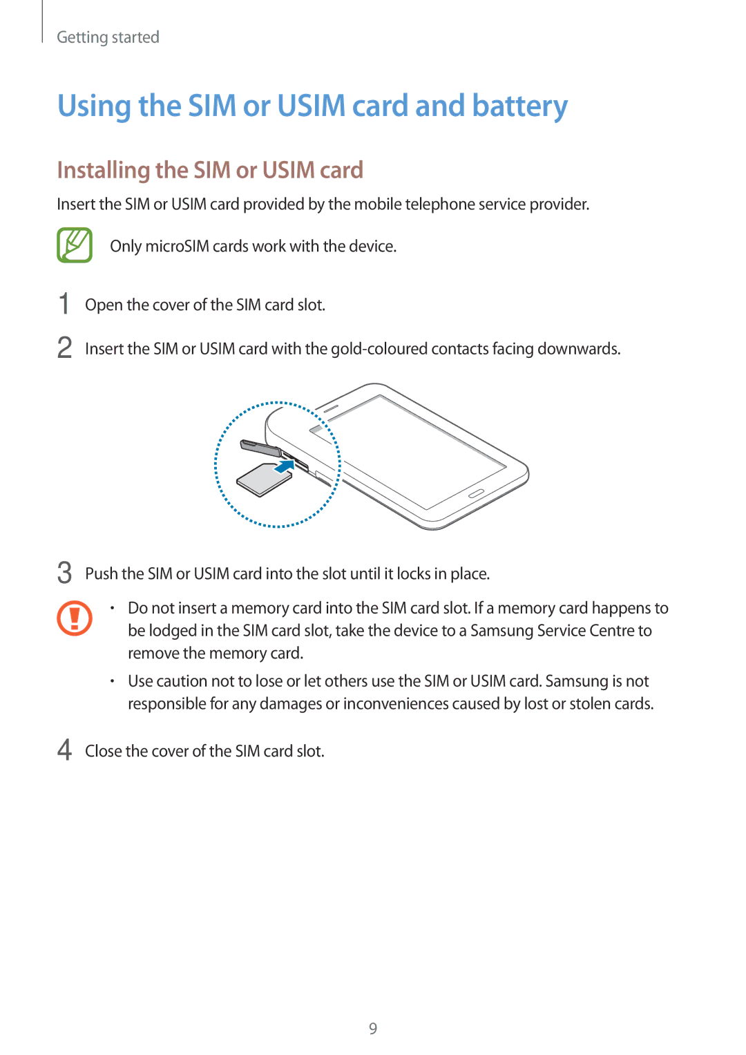 Samsung SM-T116NYKABGL, SM-T116NDWADBT manual Using the SIM or Usim card and battery, Installing the SIM or Usim card 