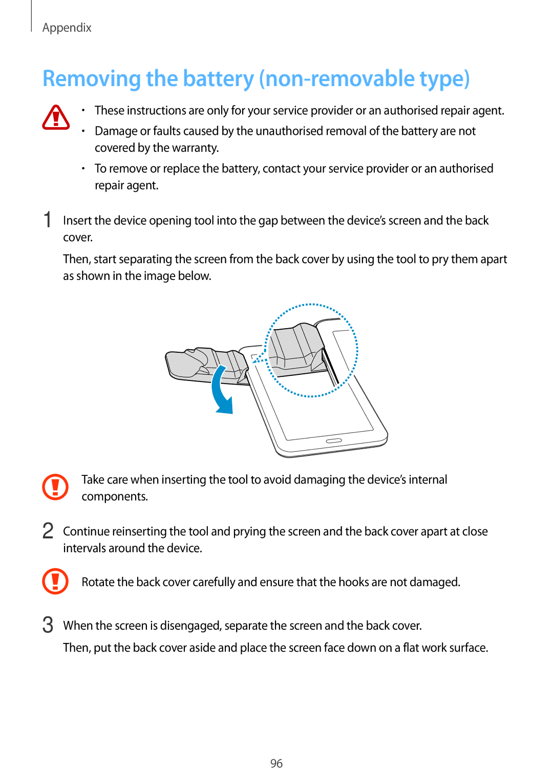 Samsung SM-T116NYKAXEH, SM-T116NDWADBT, SM-T116NDWAEUR, SM-T116NYKADBT manual Removing the battery non-removable type 