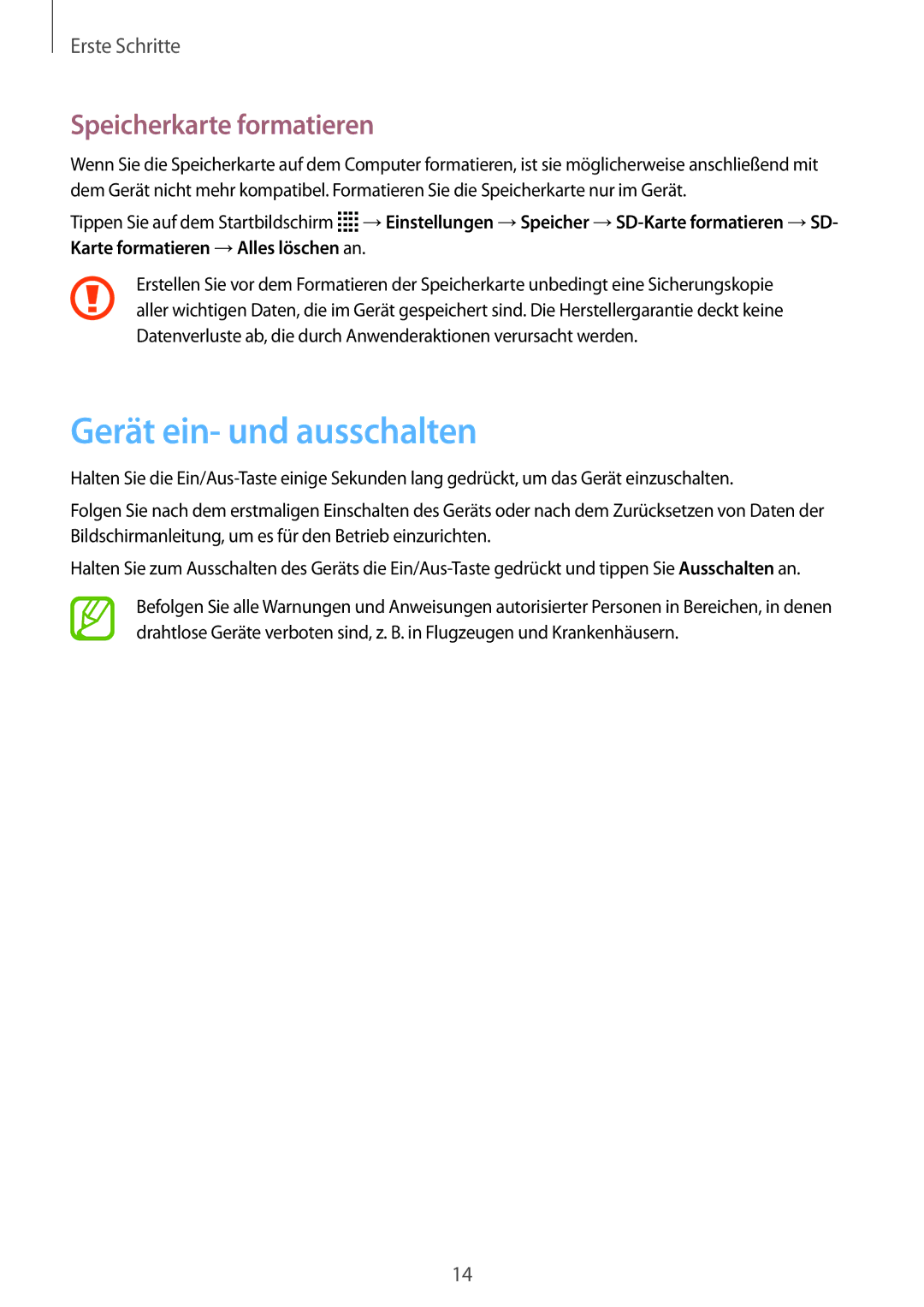 Samsung SM-T116NYKADBT, SM-T116NDWADBT, SM-T116NDWAEUR, SM-T116NYKAATO Gerät ein- und ausschalten, Speicherkarte formatieren 