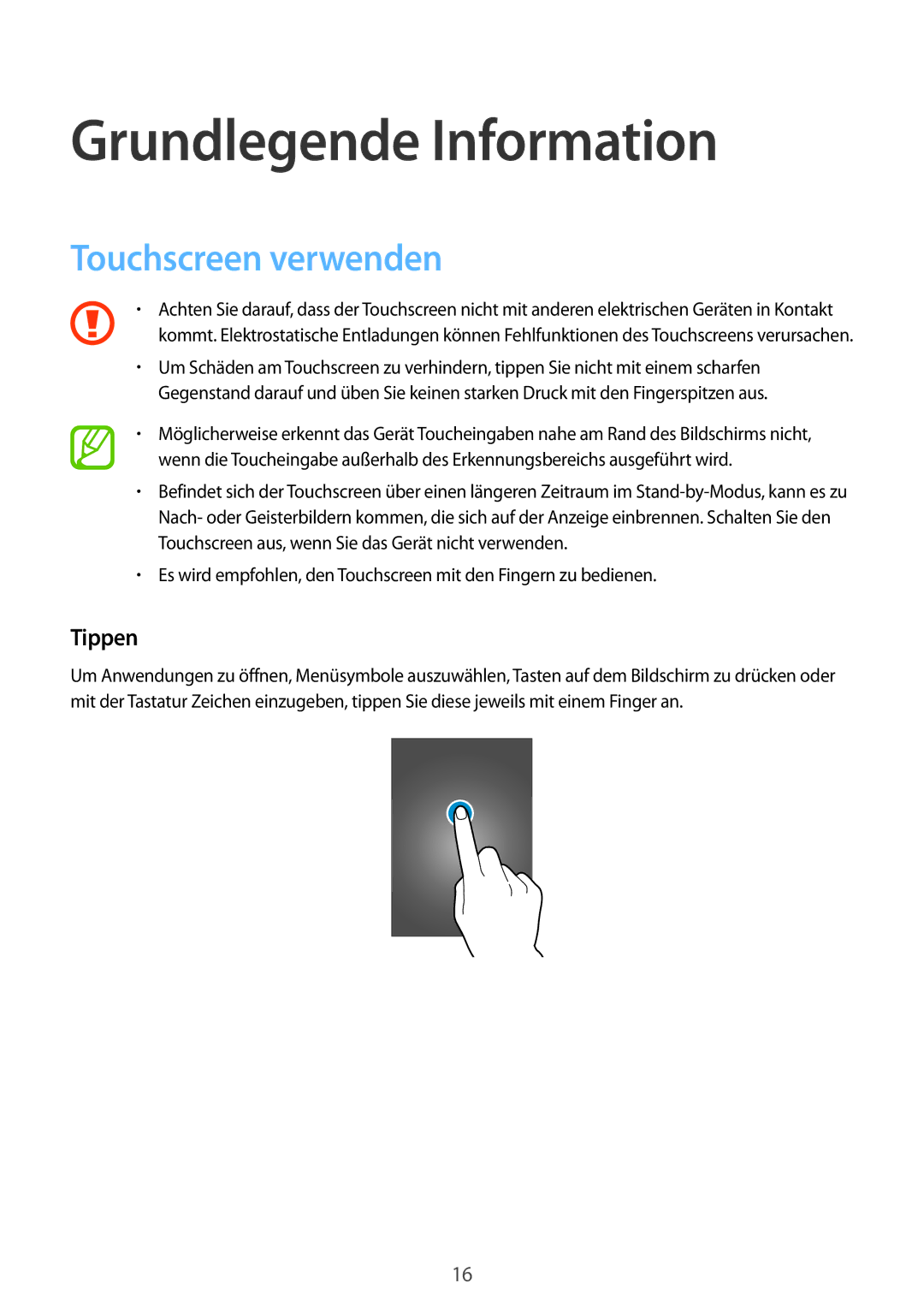 Samsung SM-T116NDWAATO, SM-T116NDWADBT, SM-T116NDWAEUR manual Grundlegende Information, Touchscreen verwenden, Tippen 