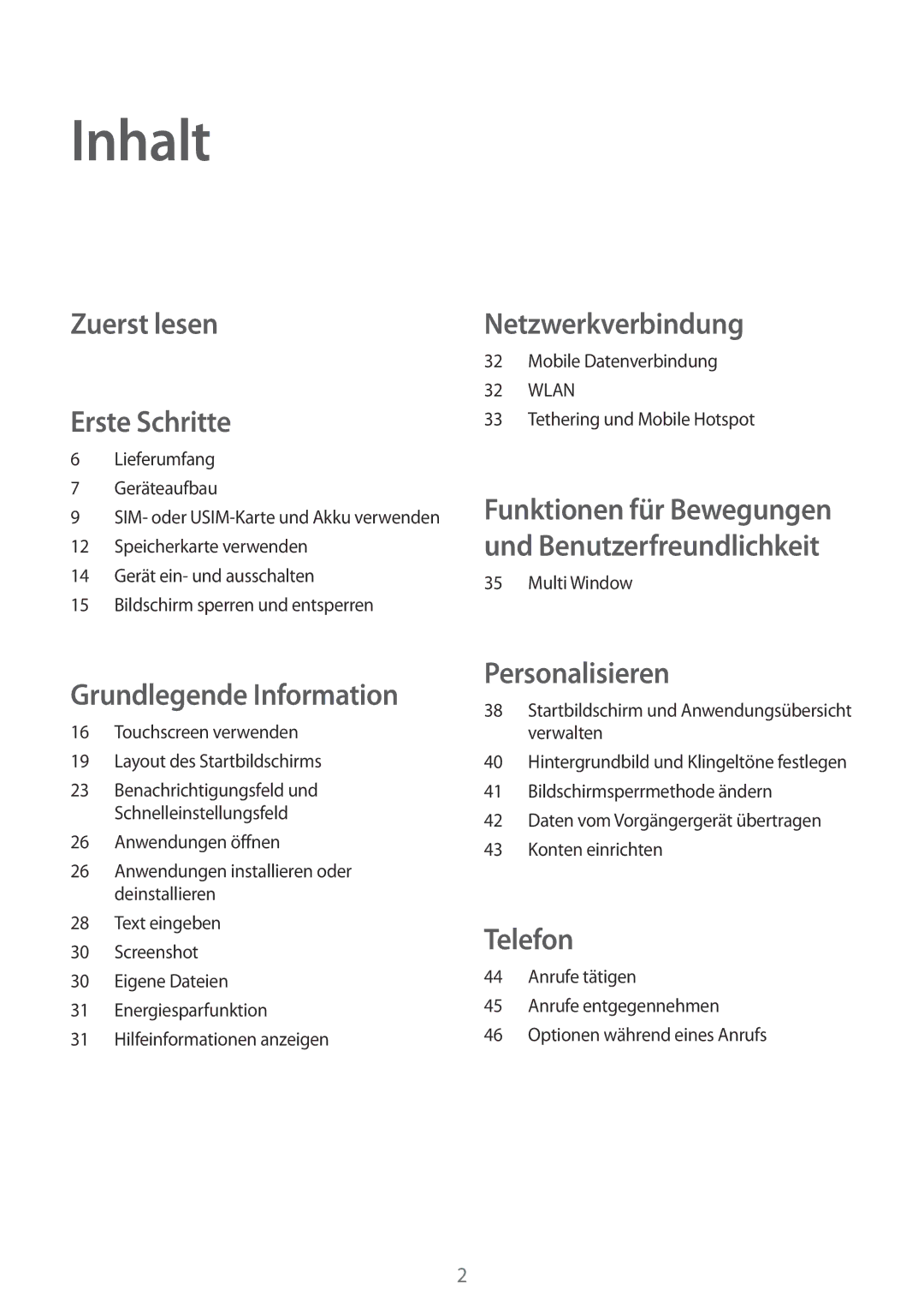 Samsung SM-T116NYKADBT, SM-T116NDWADBT, SM-T116NDWAEUR, SM-T116NYKAATO, SM-T116NDWAATO Inhalt, Zuerst lesen Erste Schritte 