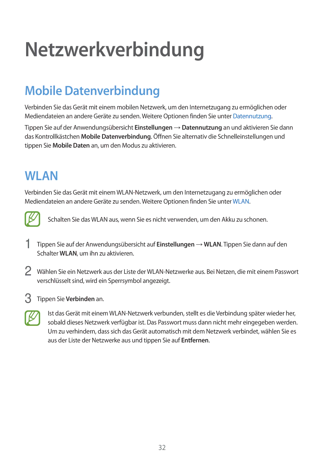 Samsung SM-T116NYKADBT, SM-T116NDWADBT, SM-T116NDWAEUR, SM-T116NYKAATO manual Netzwerkverbindung, Mobile Datenverbindung 